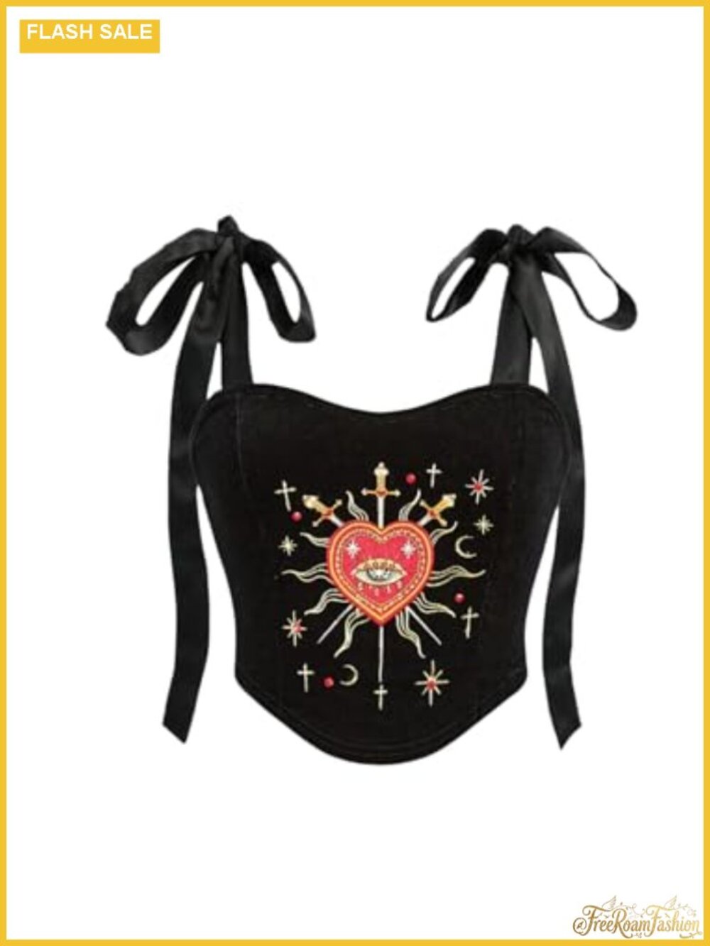 Velvet Corset Bustier Cami Top Embroidered Gothic Crop Top Sleeveless Self-Tie